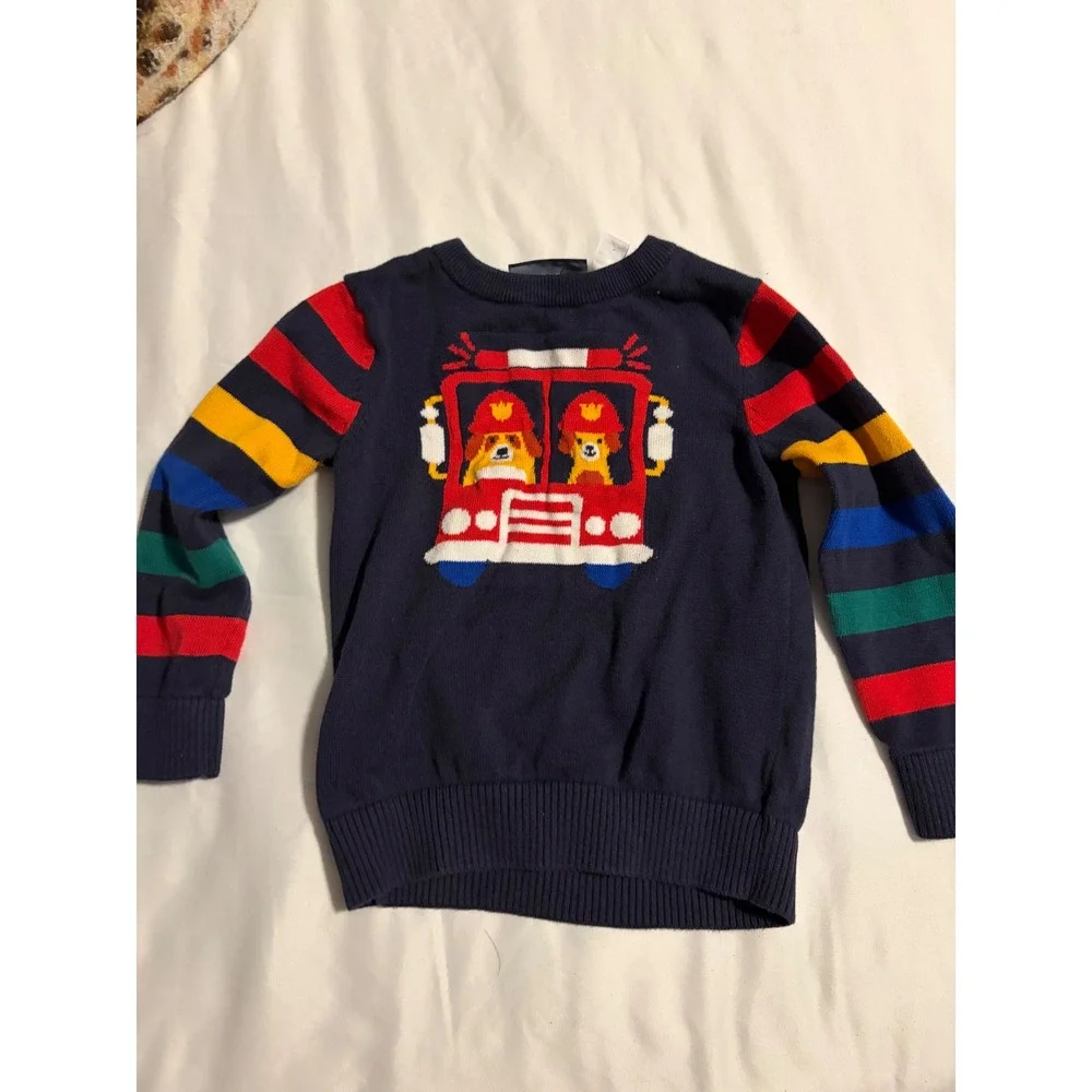 The Childrens Place‎ Boys Navy Blue Fire Truck Dog Striped Sleeve Sweater 3T